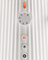 White ridged toaster by Alessi with a close-up of the control dial, orange indicator, and function buttons including cancel, defrost, and bagel.