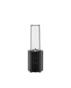 A black Plissé blender by Alessi, with a vertically pleated base and a clear, marked blending cup.