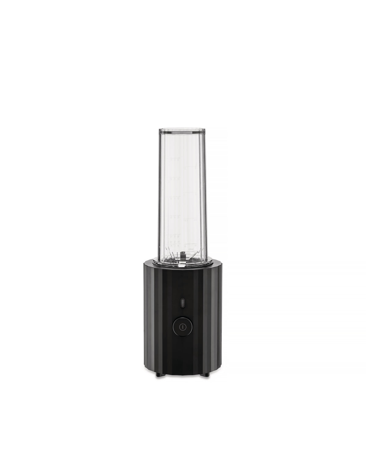 A black Plissé blender by Alessi, with a vertically pleated base and a clear, marked blending cup.