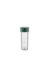 A clear, ribbed blender by Alessi with a dark green flip-top lid and measurement markings.