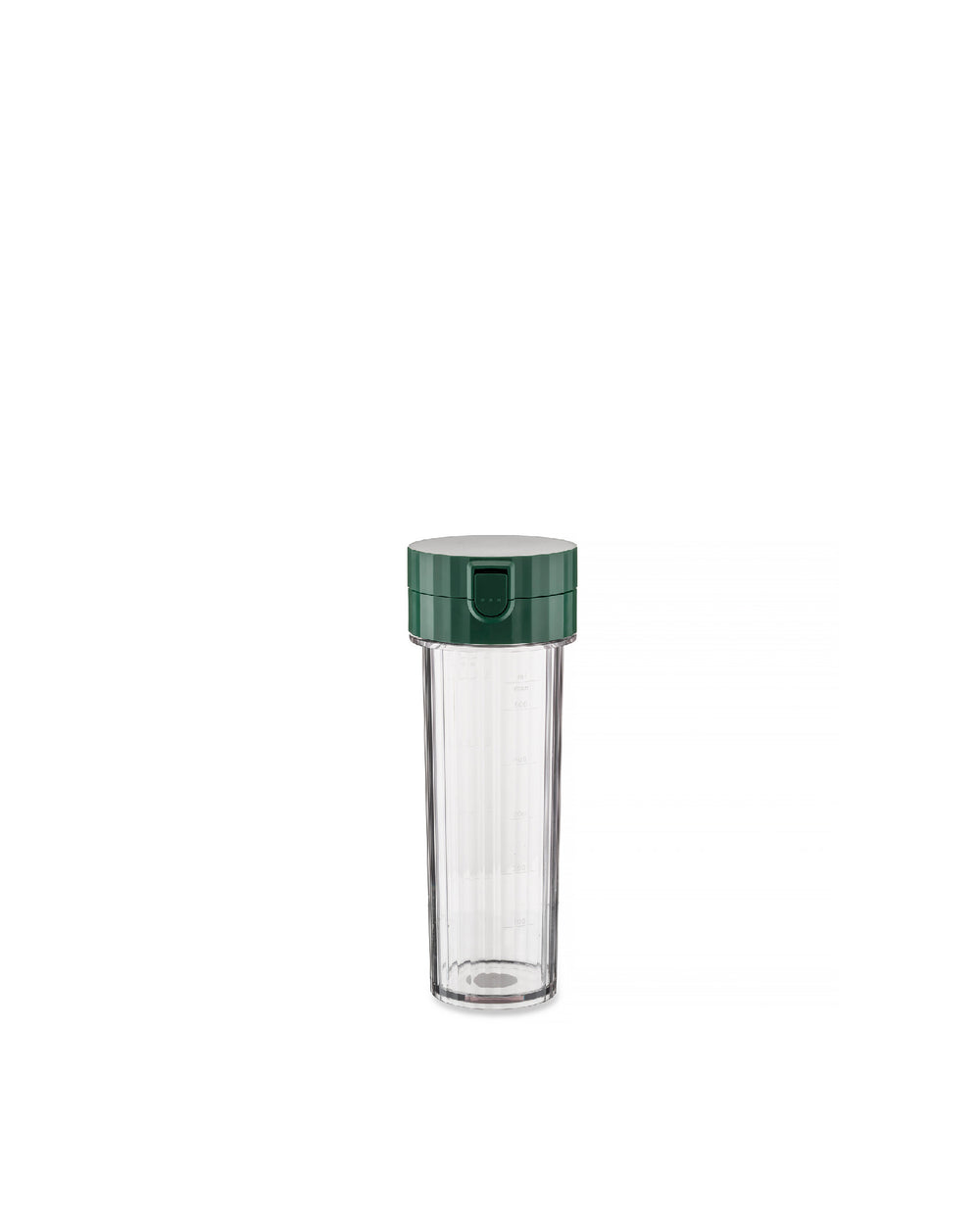 A clear, ribbed blender by Alessi with a dark green flip-top lid and measurement markings.