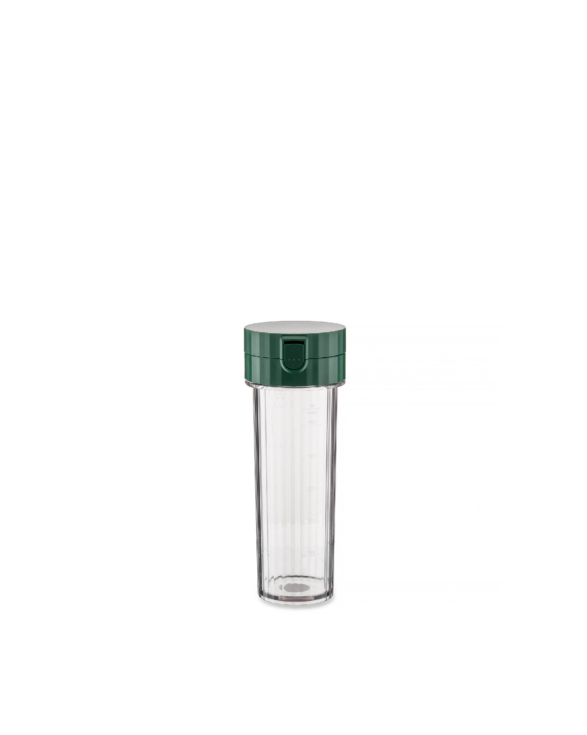 A clear, ribbed blender by Alessi with a dark green flip-top lid and measurement markings.