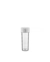 Clear and white portable blender by Alessi with a ribbed measuring carafe and button-activated lid.