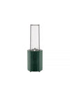 Dark green Plissé blender by Alessi featuring a ribbed base, clear plastic cup, and a front power button.