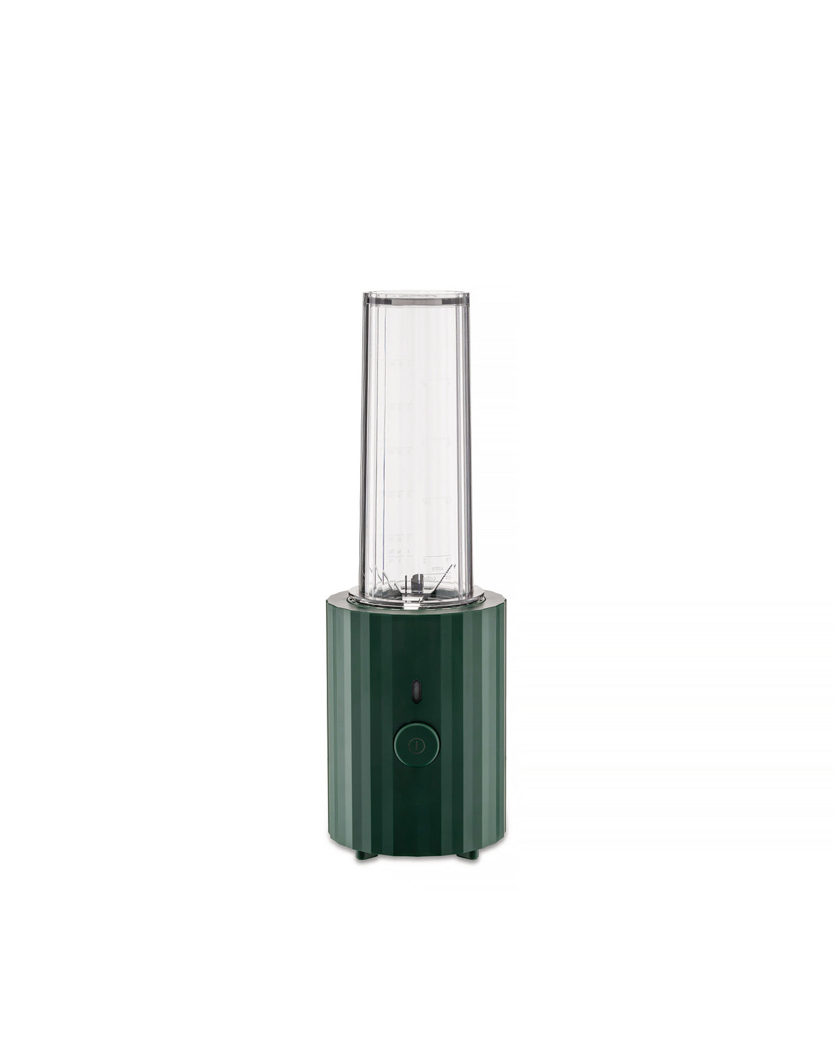 Dark green Plissé blender by Alessi featuring a ribbed base, clear plastic cup, and a front power button.