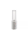 White Plissé blender by Alessi with clear measuring cup, visible blades, red light, and power button.
