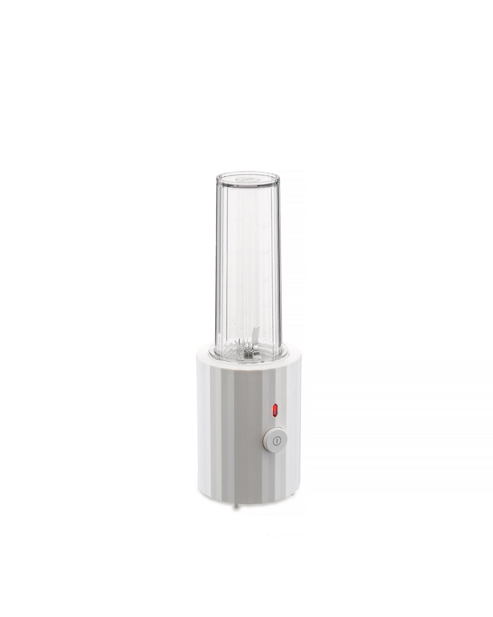White Plissé blender by Alessi with clear measuring cup, visible blades, red light, and power button.