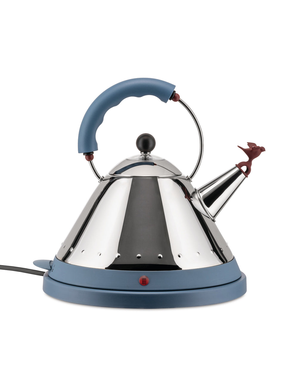 Silver and blue electric kettle by Alessi, with a conical body, curved blue handle, bird-shaped whistle, and black lid knob.