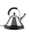 Silver and black electric kettle by Alessi, featuring a conical perforated body, a black handle, and a unique bird-shaped whistle.