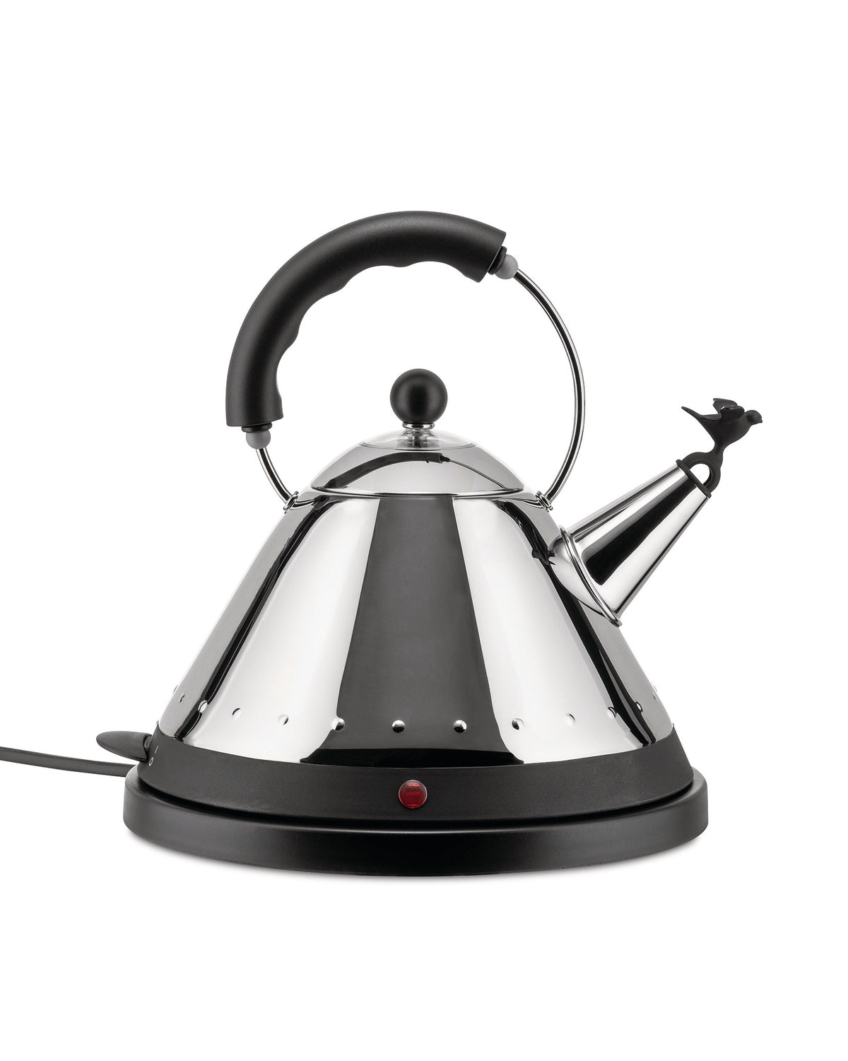Silver and black electric kettle by Alessi, featuring a conical perforated body, a black handle, and a unique bird-shaped whistle.