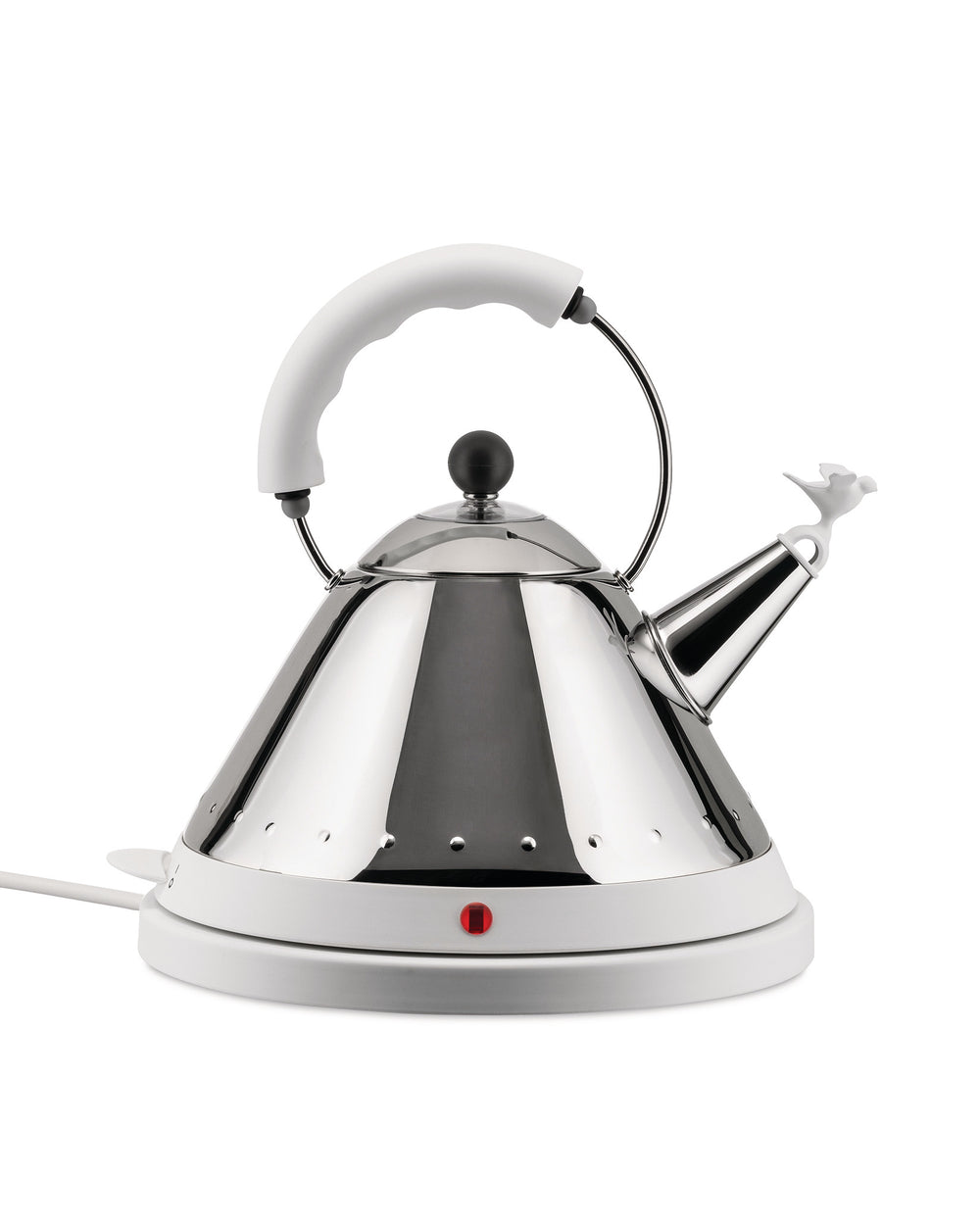 Chrome electric kettle by Alessi with white ergonomic handle, white bird-shaped whistle, and red power indicator light on a white base.