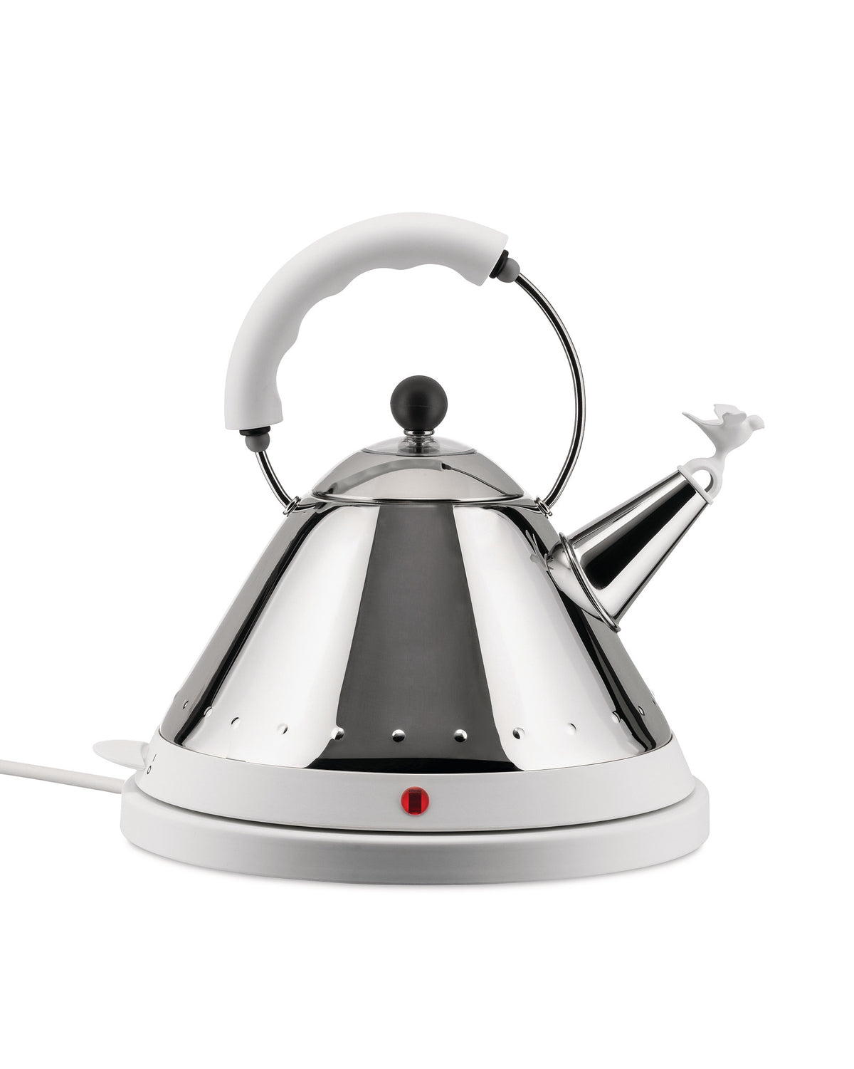 Chrome electric kettle by Alessi with white ergonomic handle, white bird-shaped whistle, and red power indicator light on a white base.