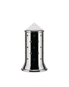 Polished silver metal tea infuser by Alessi with a conical white top and perforated cylindrical body.