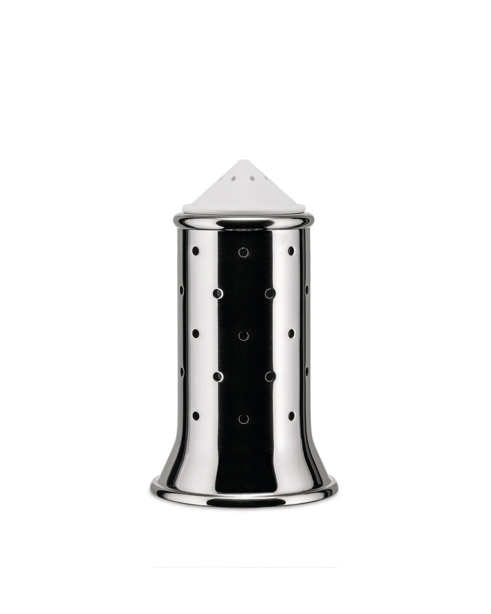 Polished silver metal tea infuser by Alessi with a conical white top and perforated cylindrical body.