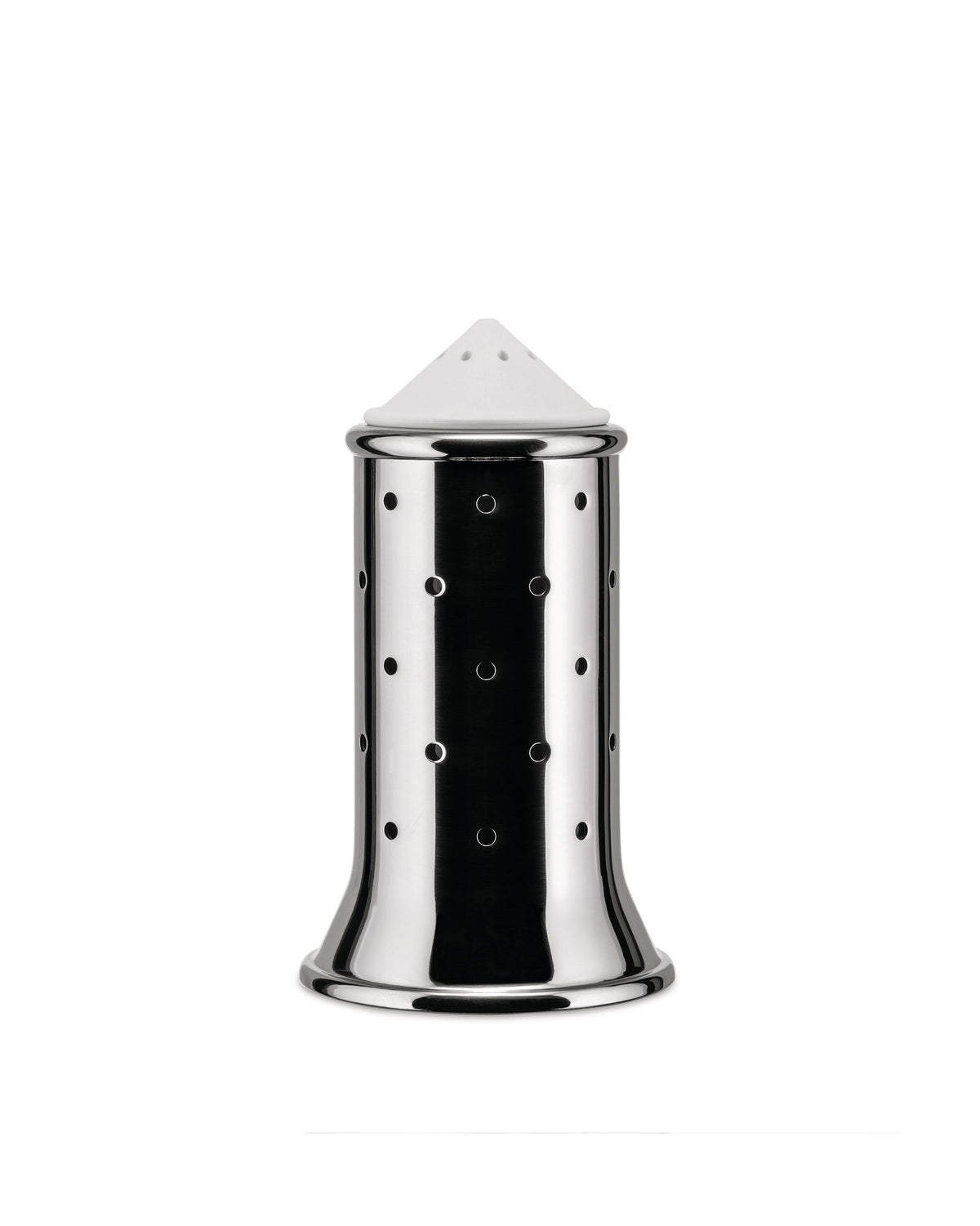 Polished silver metal tea infuser by Alessi with a conical white top and perforated cylindrical body.