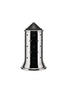 Shiny stainless steel cheese grater by Alessi with a black conical dispensing top and perforated body.