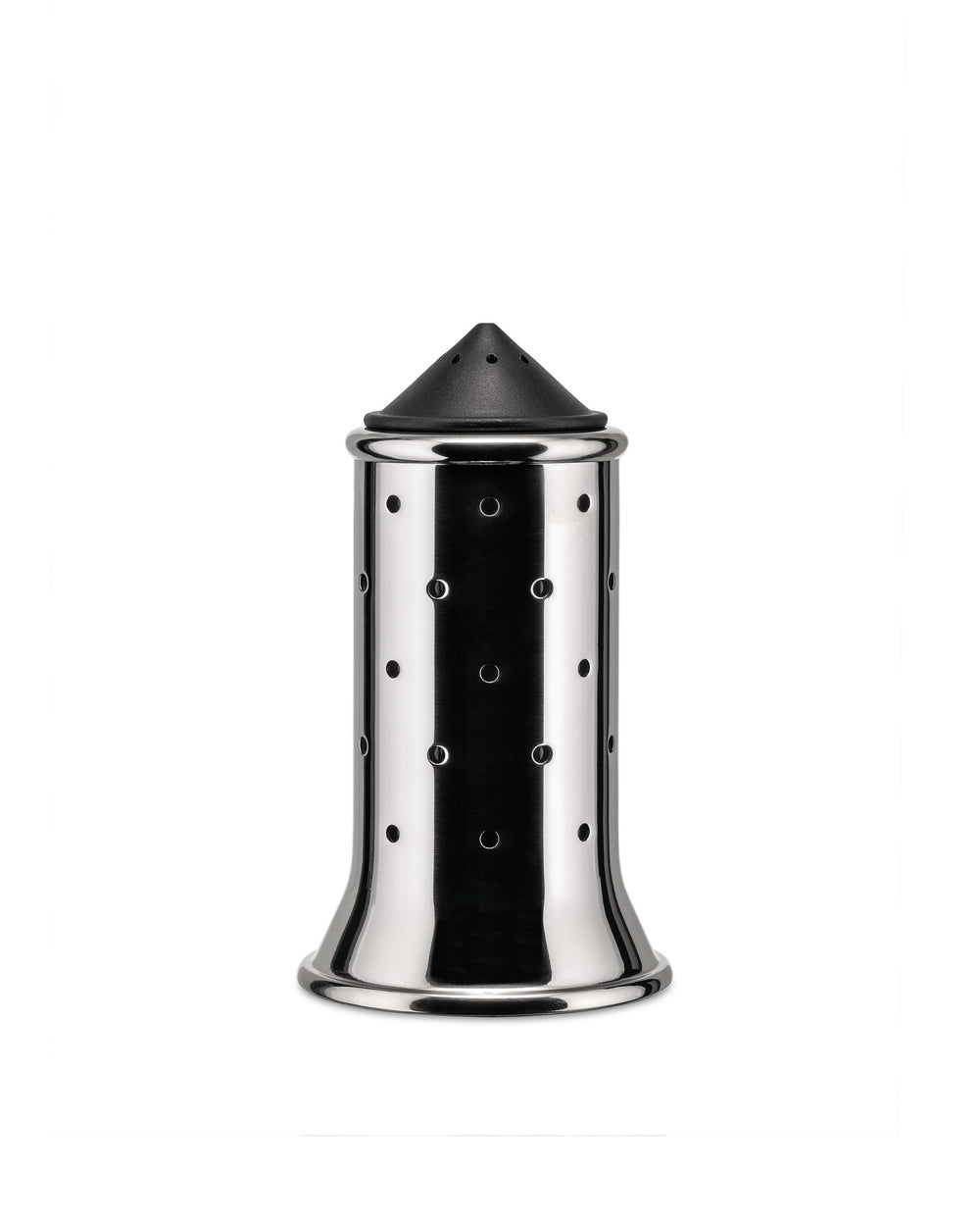 Shiny stainless steel cheese grater by Alessi with a black conical dispensing top and perforated body.