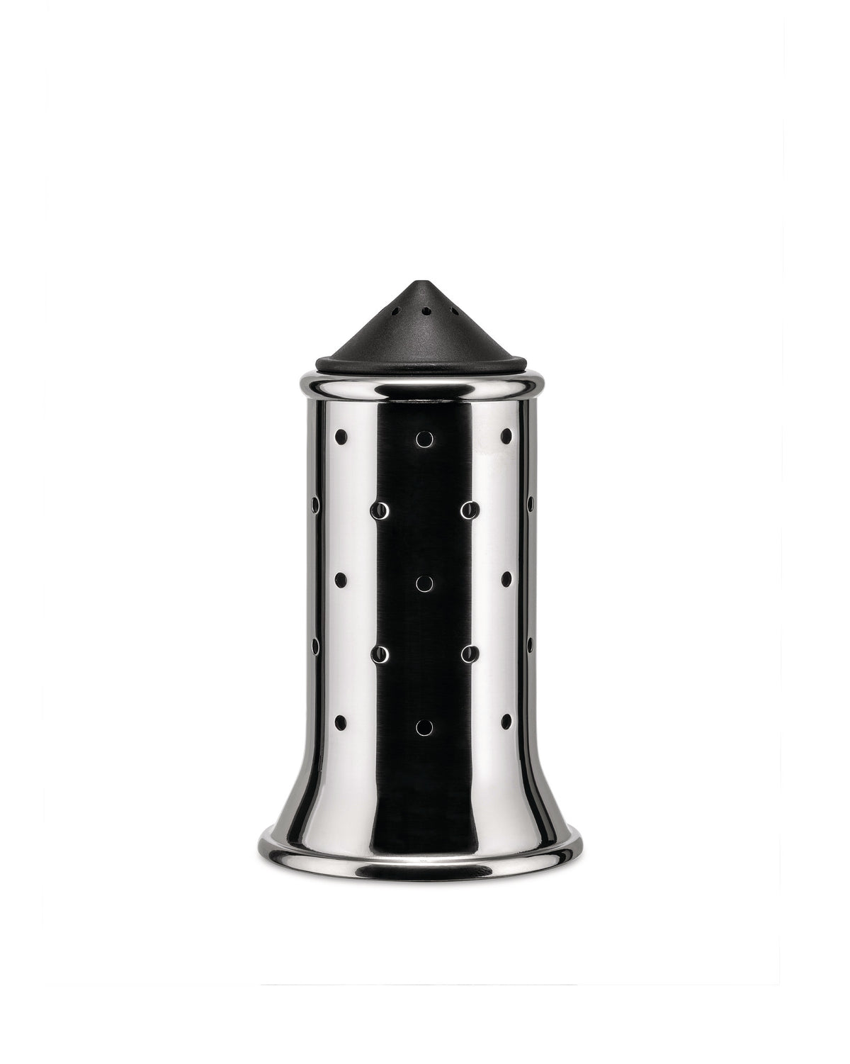 Shiny stainless steel cheese grater by Alessi with a black conical dispensing top and perforated body.