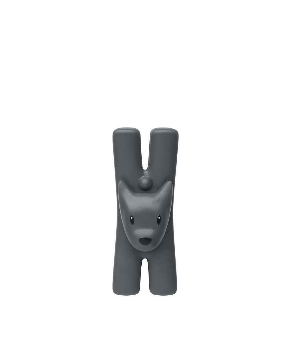 Matte gray animal-shaped accessory by Alessi, featuring a cartoonish bear head with black eyes and nose, forming a Y-shape.