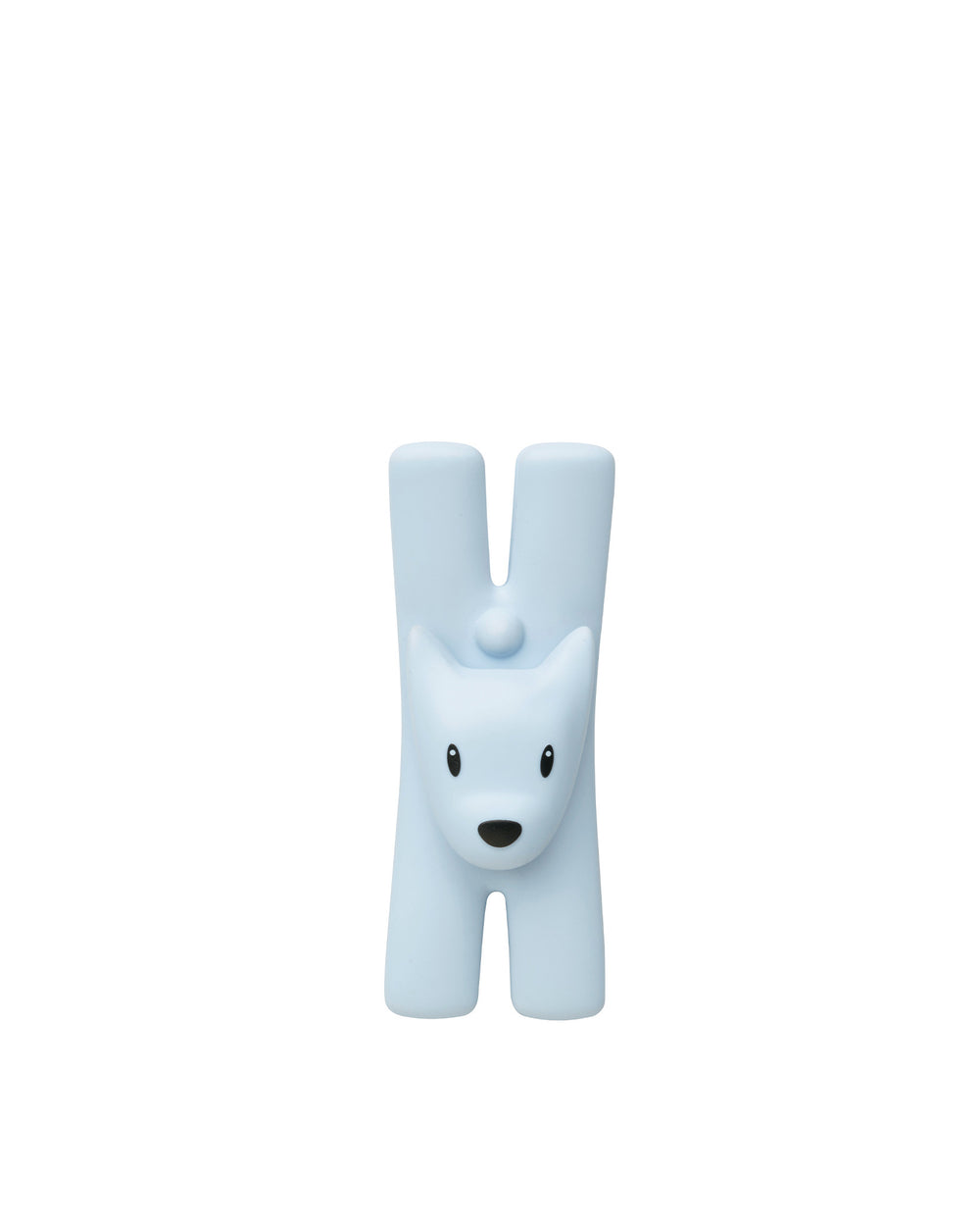 Light blue Giampo animal figurine by Alessi, featuring an H-shaped body, black eyes, and nose.