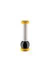 Yellow, white, and black pepper mill by Alessi with a cylindrical body and spherical base.