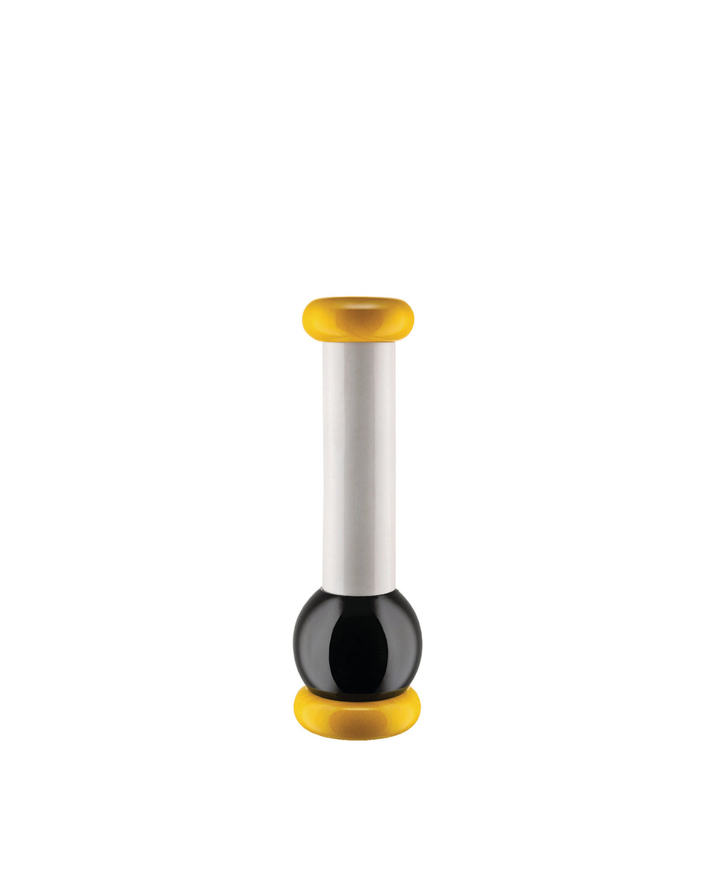 Yellow, white, and black pepper mill by Alessi with a cylindrical body and spherical base.