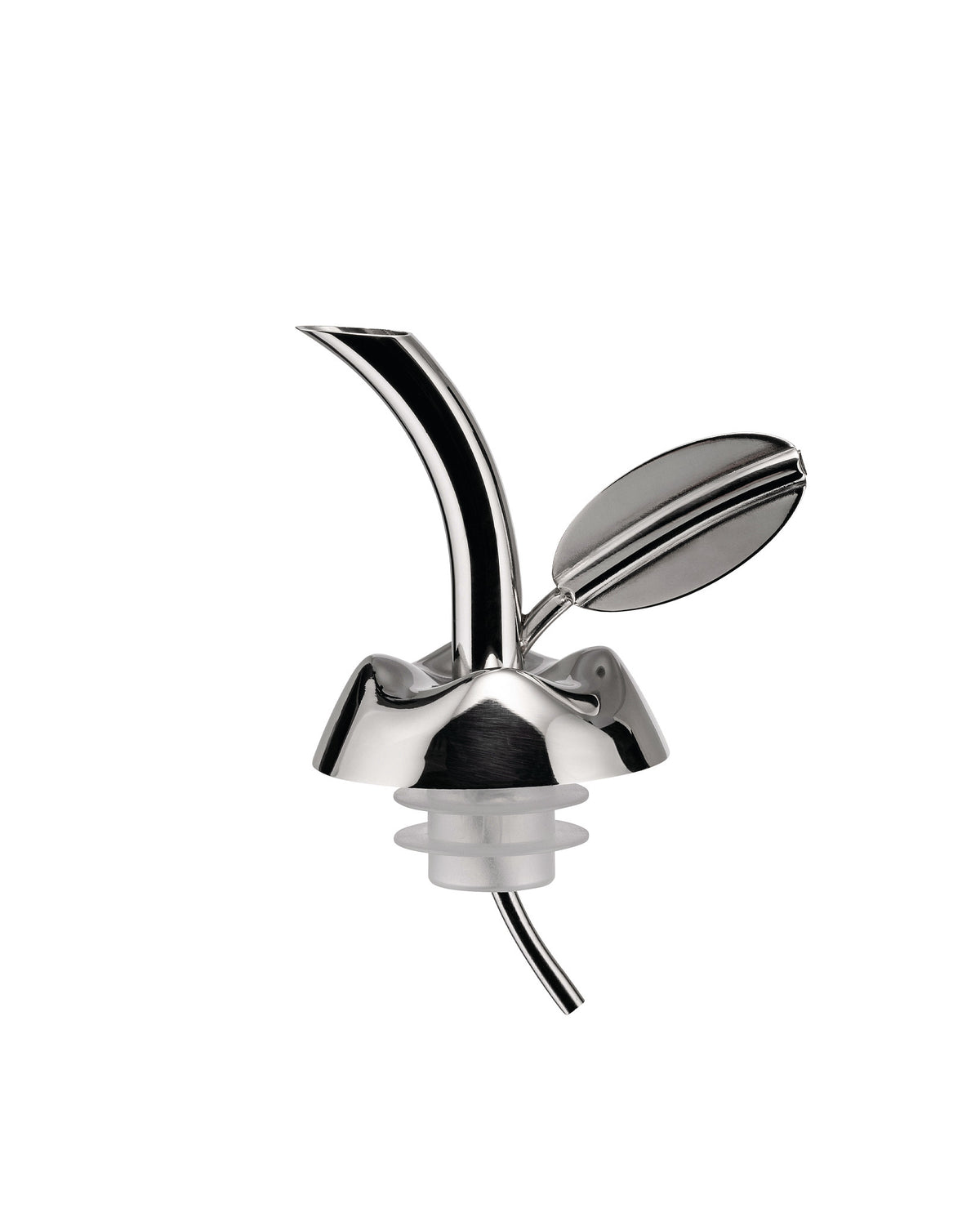 Shiny silver oil pourer by Alessi with a curved spout and decorative leaf details, featuring a translucent stopper.