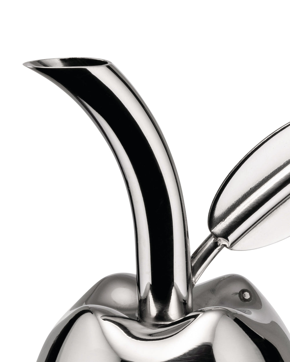 Polished stainless steel oil cruet by Alessi, with a curved spout and shiny leaf-shaped top.