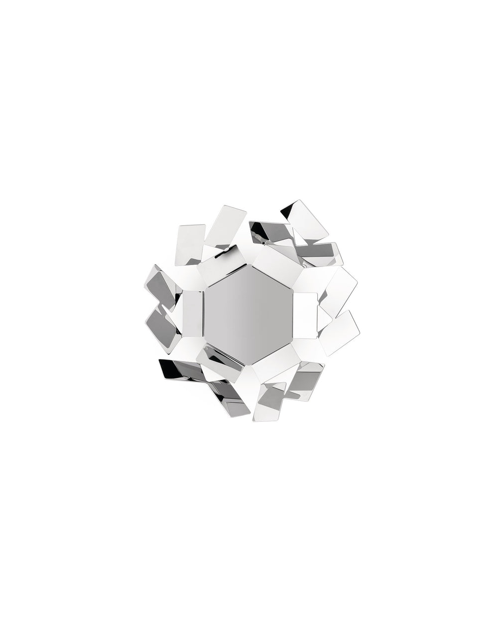 Silver decorative mirror with a hexagonal center by Alessi, surrounded by scattered reflective geometric metal plates.