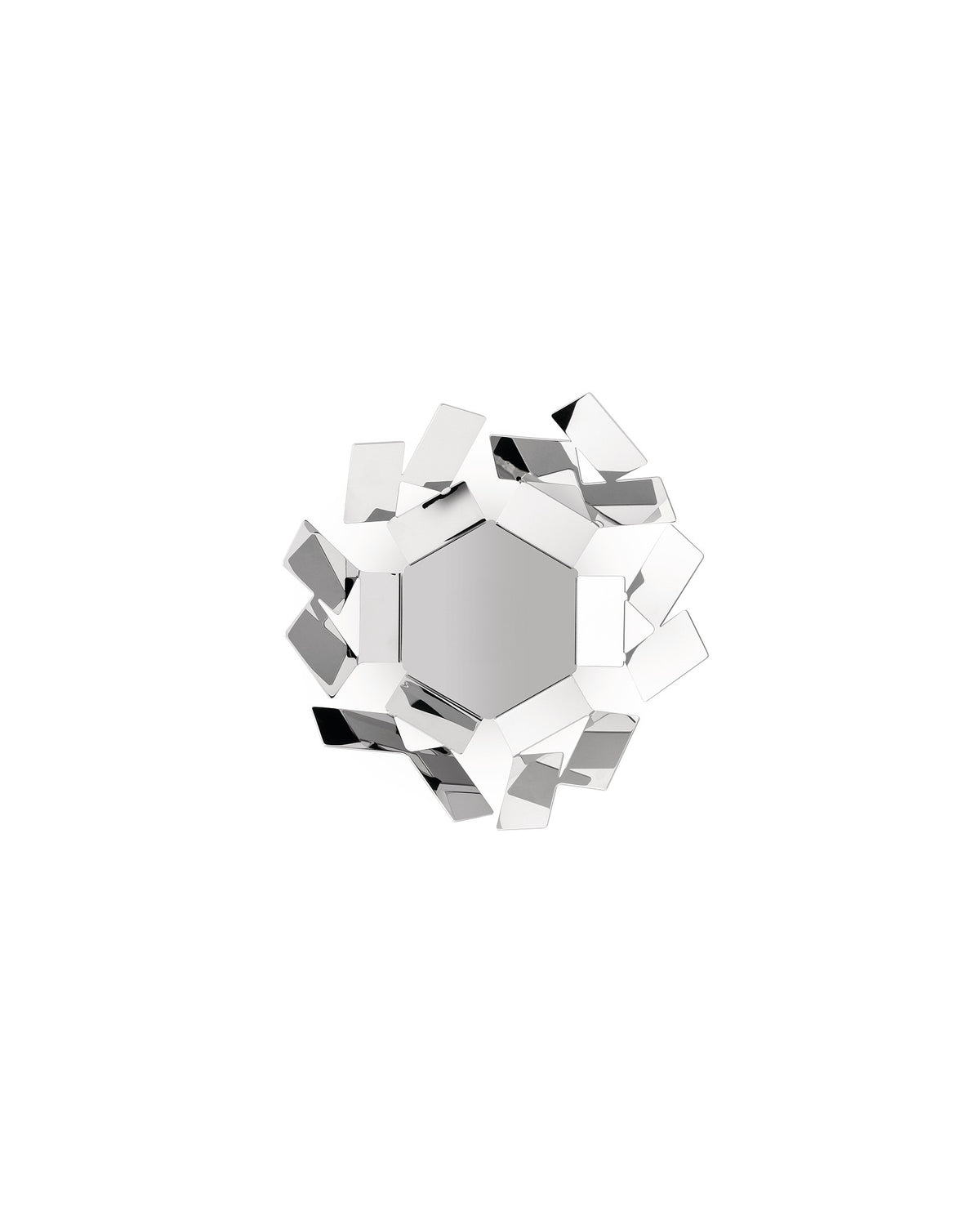 Silver decorative mirror with a hexagonal center by Alessi, surrounded by scattered reflective geometric metal plates.