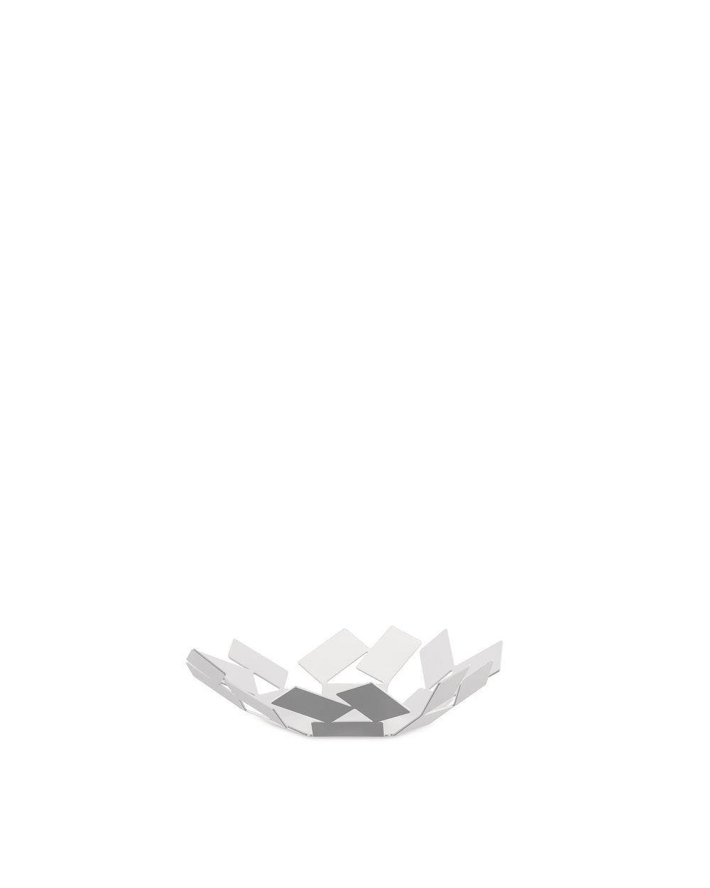 White geometric fruit bowl by Alessi, crafted from numerous intersecting metal plates.