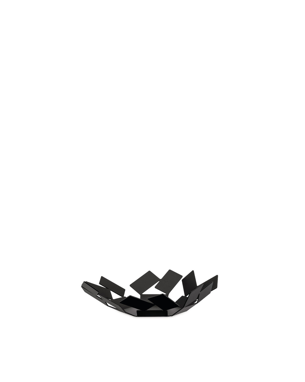 Black metal fruit bowl by Alessi, featuring an open, geometric design made from angular panels.