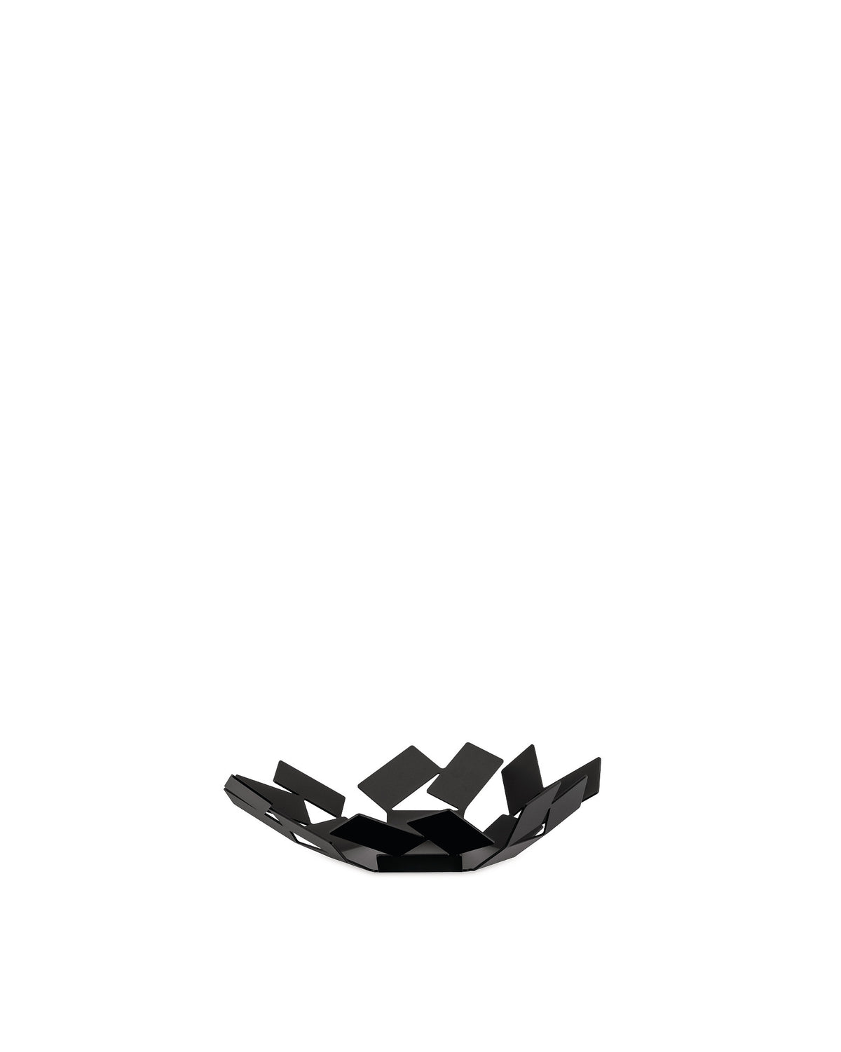 Black metal fruit bowl by Alessi, featuring an open, geometric design made from angular panels.