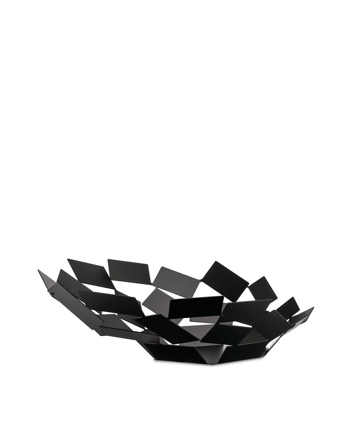 Black modern fruit bowl by Alessi, made of interlocking geometric metal panels.