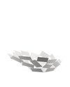 Geometric metal fruit bowl by Alessi with interconnected light and dark grey angular shapes on a white background.