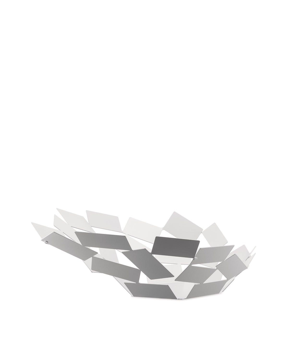 Geometric metal fruit bowl by Alessi with interconnected light and dark grey angular shapes on a white background.