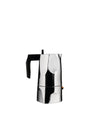 Silver metallic moka pot by Alessi with a black handle and faceted design, isolated on white.