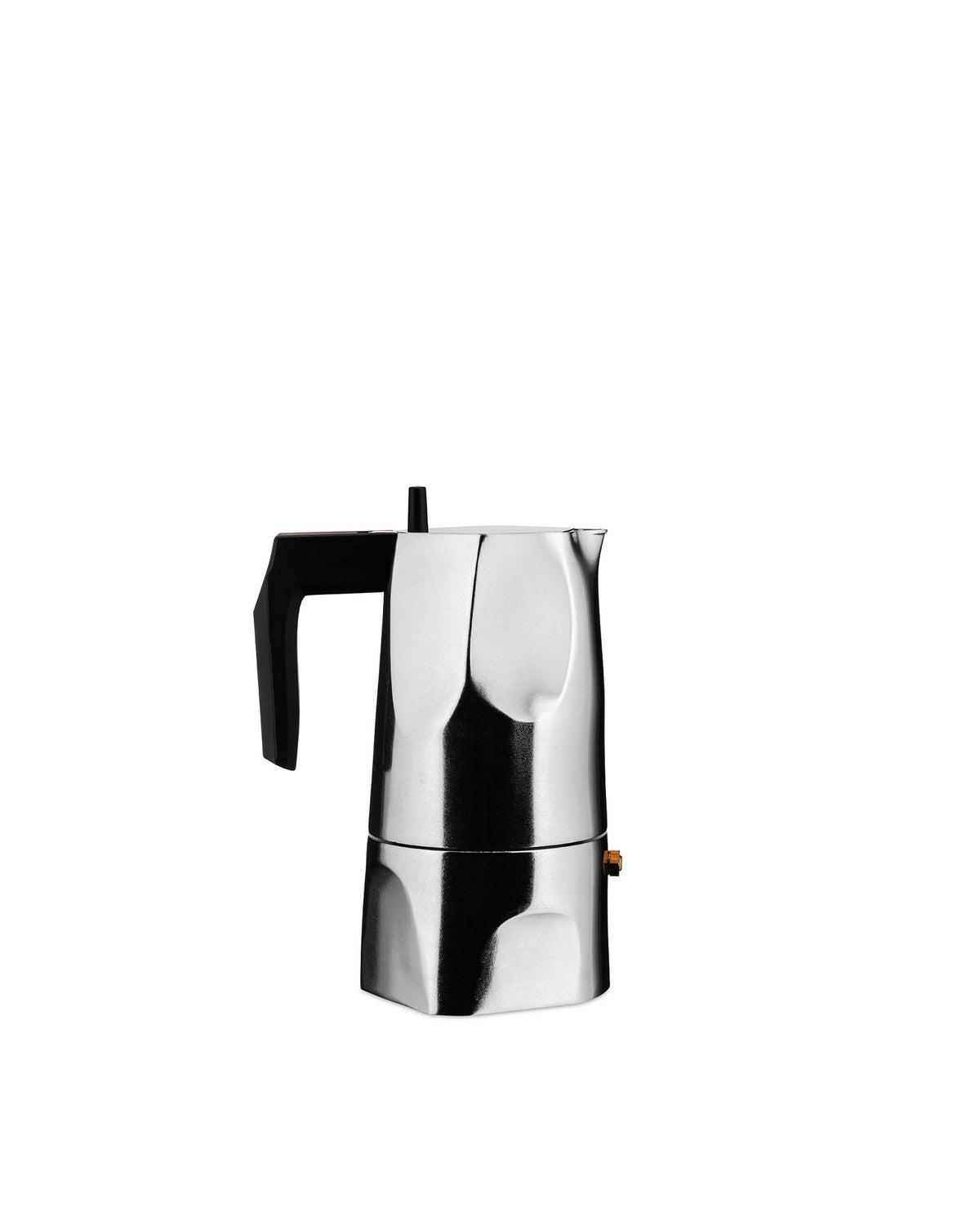 Silver metallic moka pot by Alessi with a black handle and faceted design, isolated on white.
