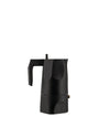 Black moka pot by Alessi with a modern faceted design, shown from the side.