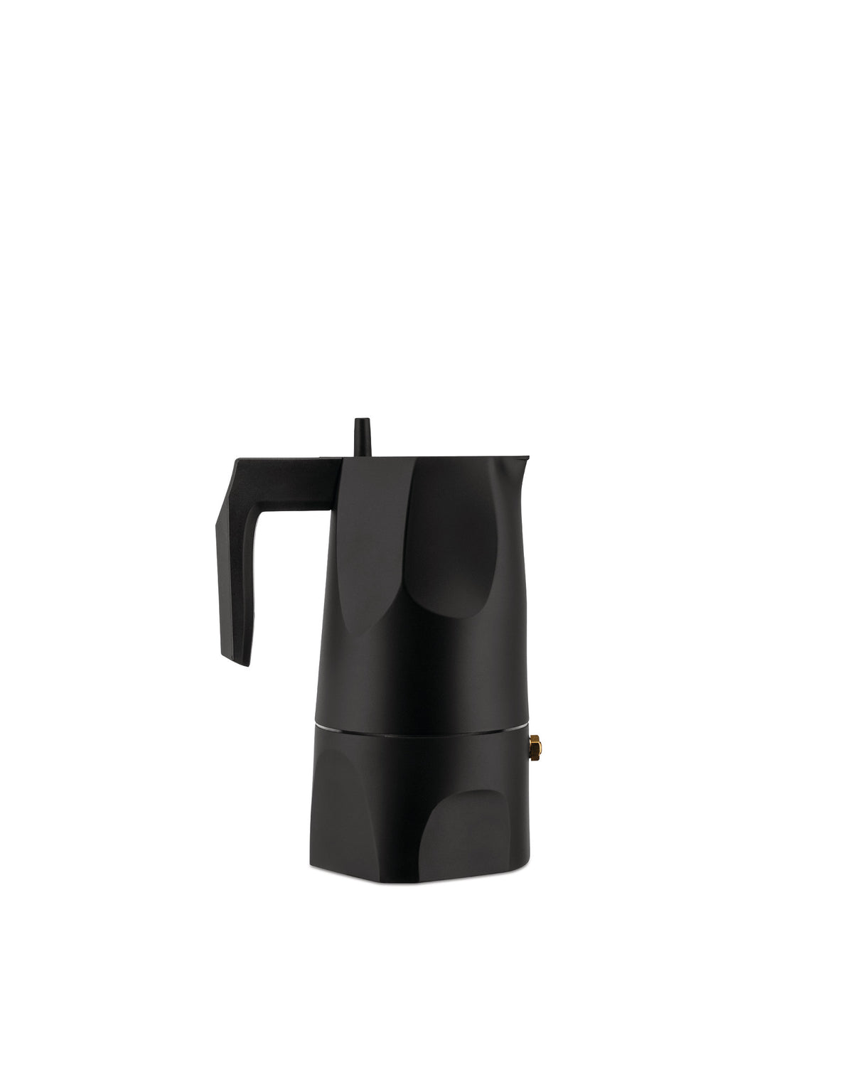 Black moka pot by Alessi with a modern faceted design, shown from the side.