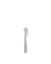 Silver metal butter knife by Alessi, featuring an ornate scrolling pattern on the handle and a distinctive curved blade tip.
