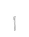 Silver polished butter knife by Alessi, standing upright with a curved blade and handle.
