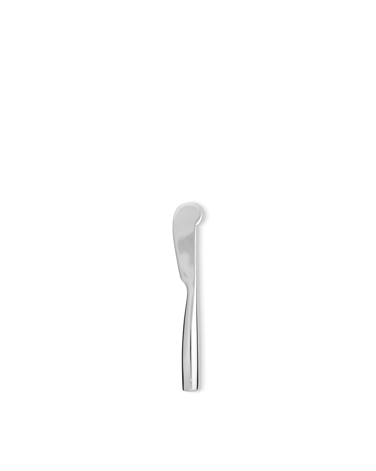 Silver polished butter knife by Alessi, standing upright with a curved blade and handle.