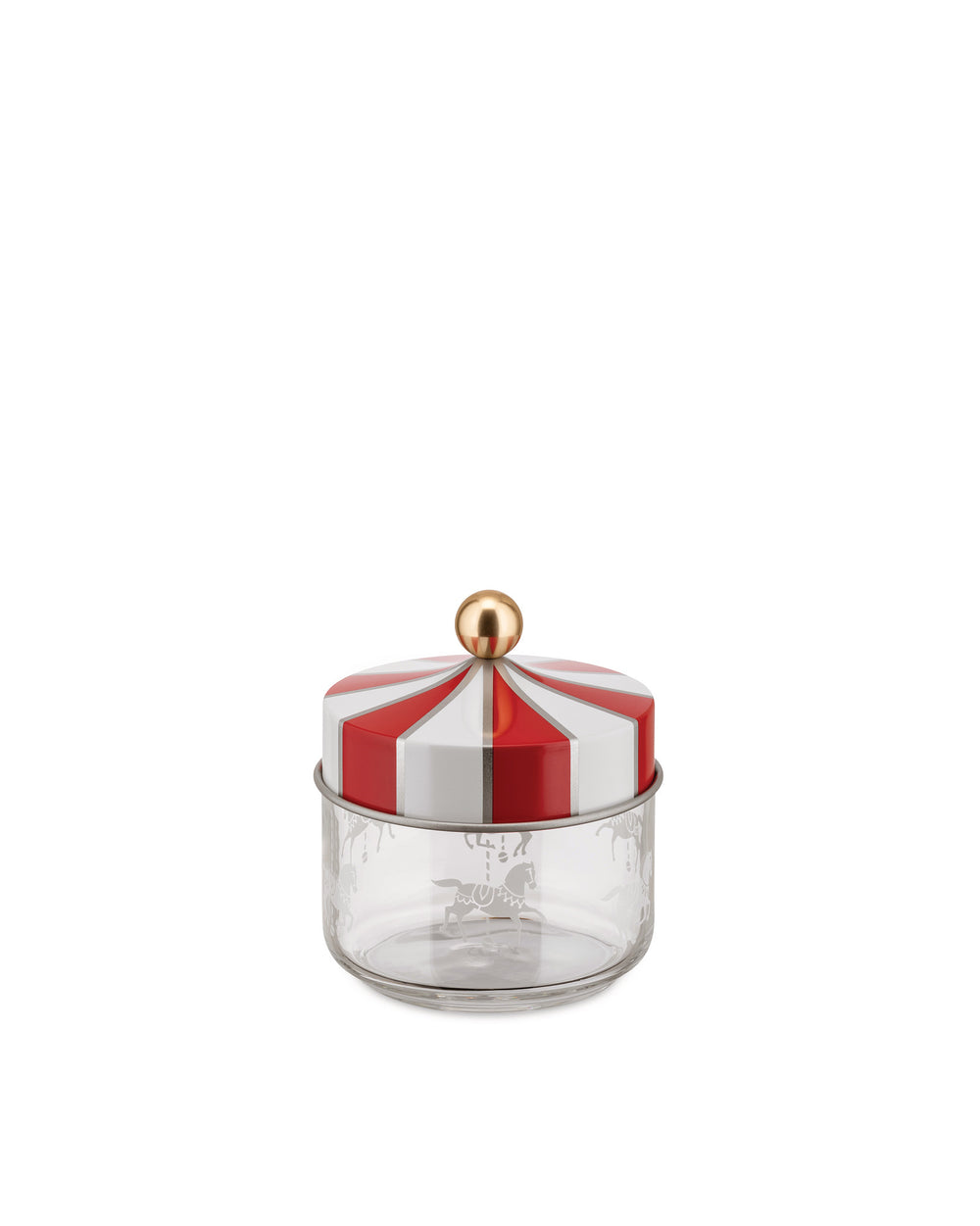 A decorative jar with a red and white striped lid by Alessi, featuring a gold finial and etched carousel horses on the clear glass base.
