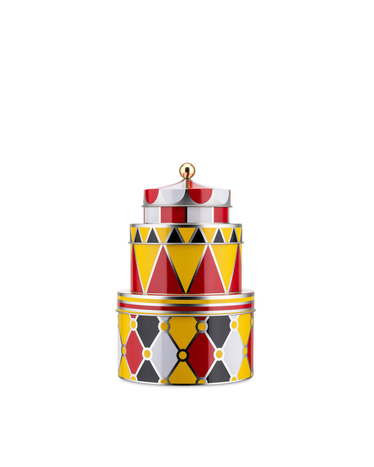 Colorful vertically stacked metal containers by Alessi, with red, yellow, black, and white geometric patterns, topped with a gold finial.