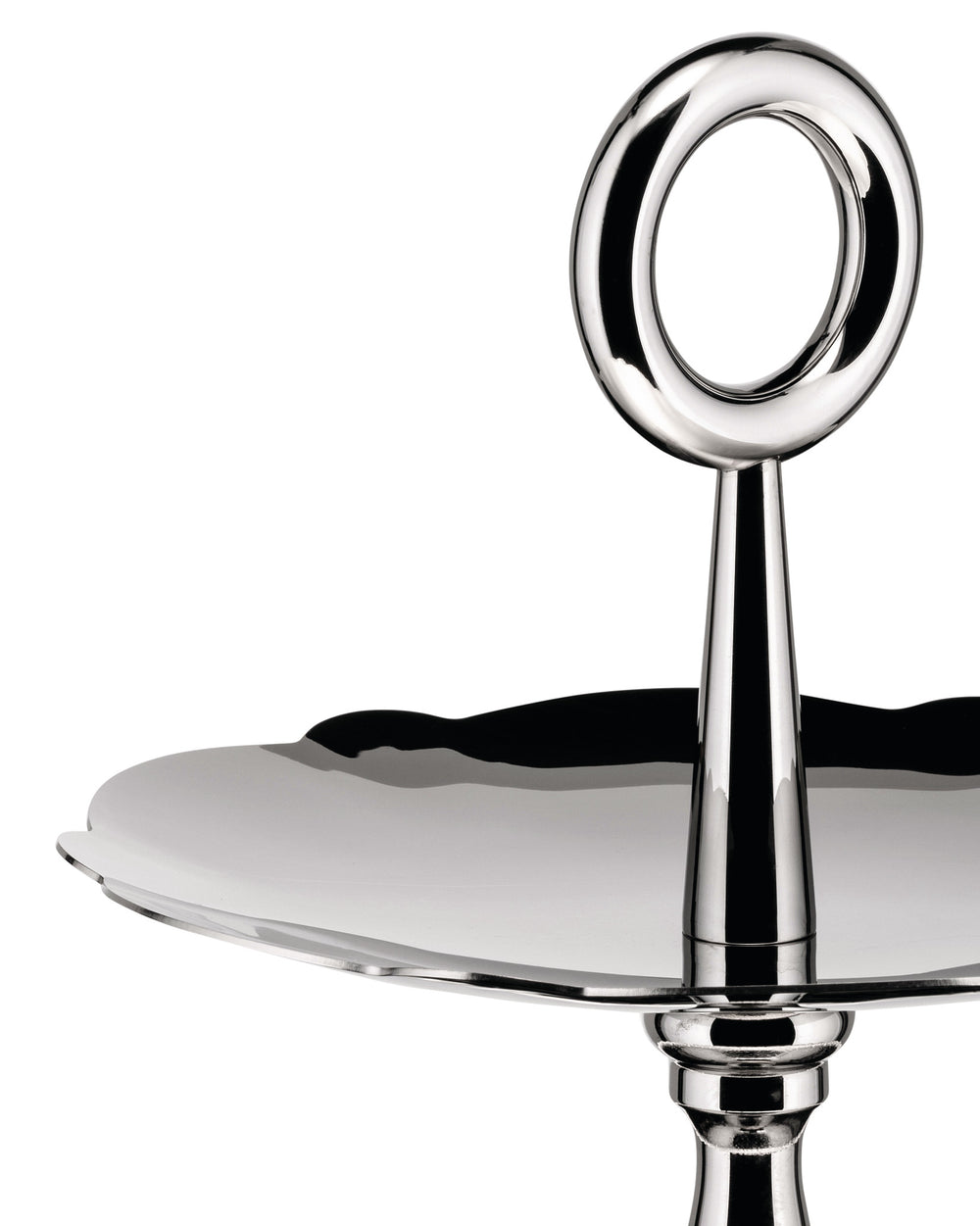 Silver serving stand by Alessi, with a scalloped edge and a polished ring handle.