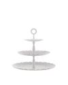 White three-tiered serving stand by Alessi, with scalloped edges, an embossed pattern, and a top handle.