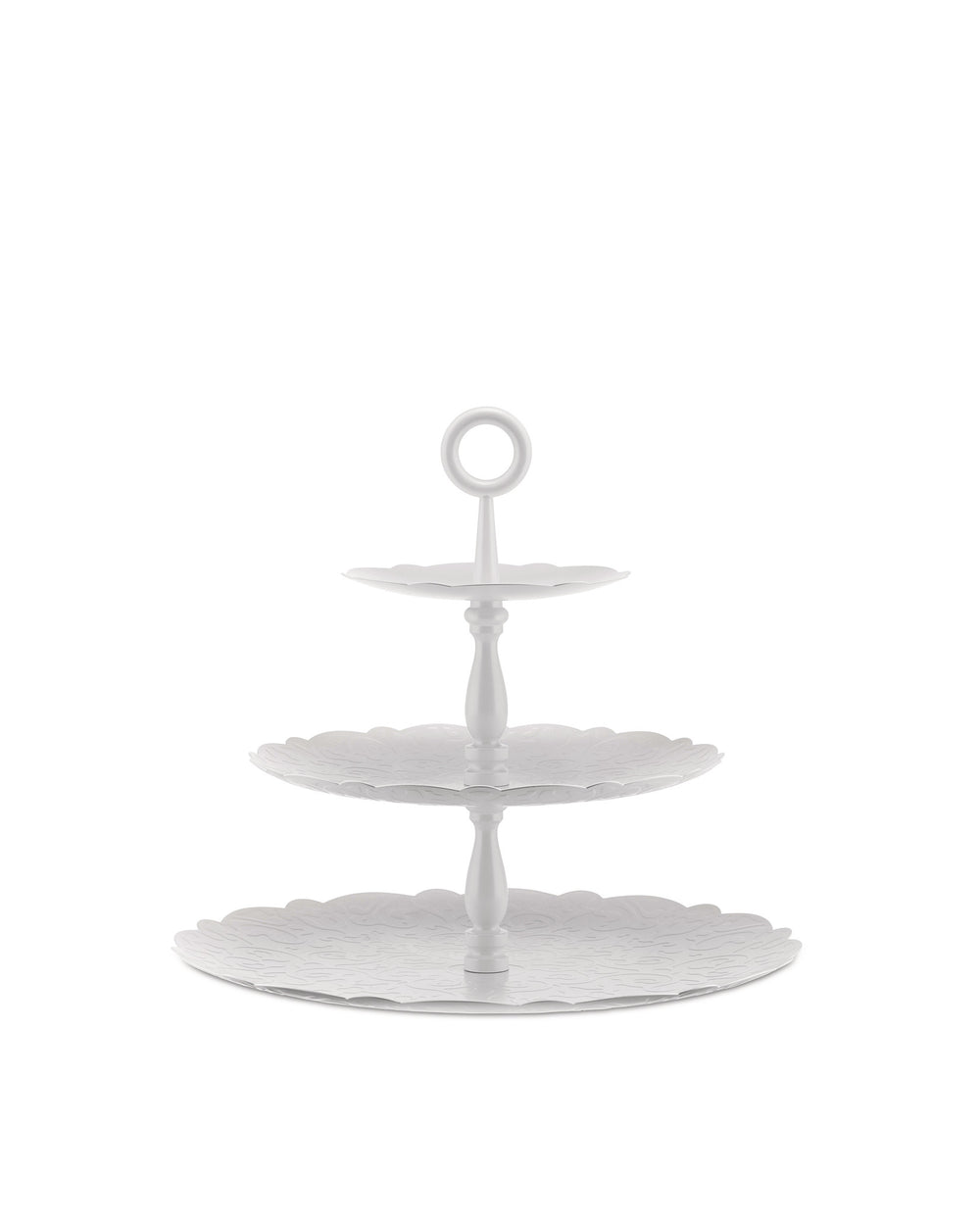 White three-tiered serving stand by Alessi, with scalloped edges, an embossed pattern, and a top handle.