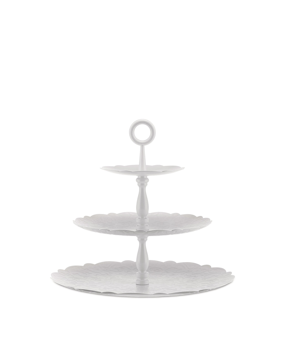 White three-tiered serving stand by Alessi, with scalloped edges, an embossed pattern, and a top handle.