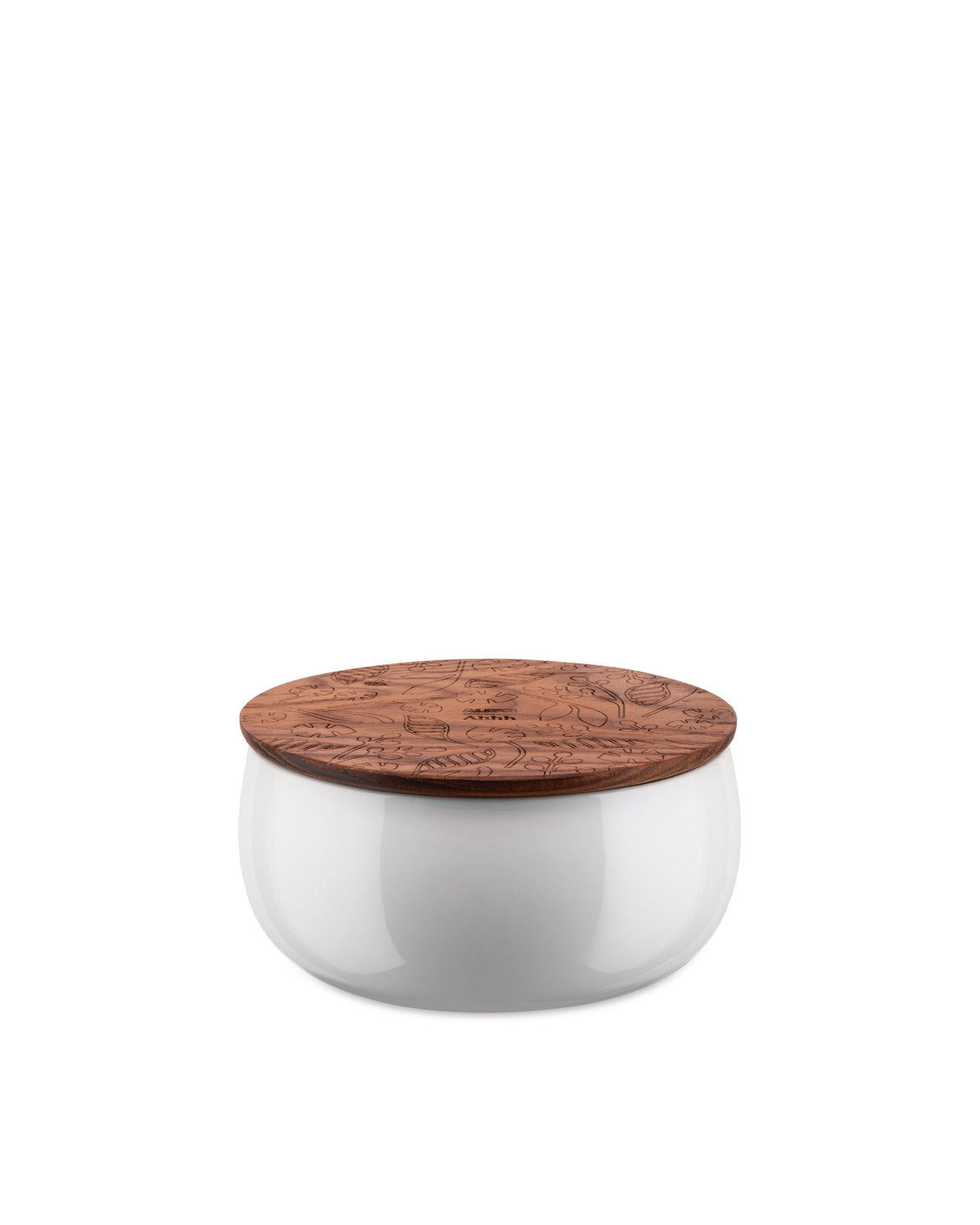 White ceramic bowl with a wooden lid by Alessi, featuring an engraved floral and leaf pattern and 'Ahhh' text.